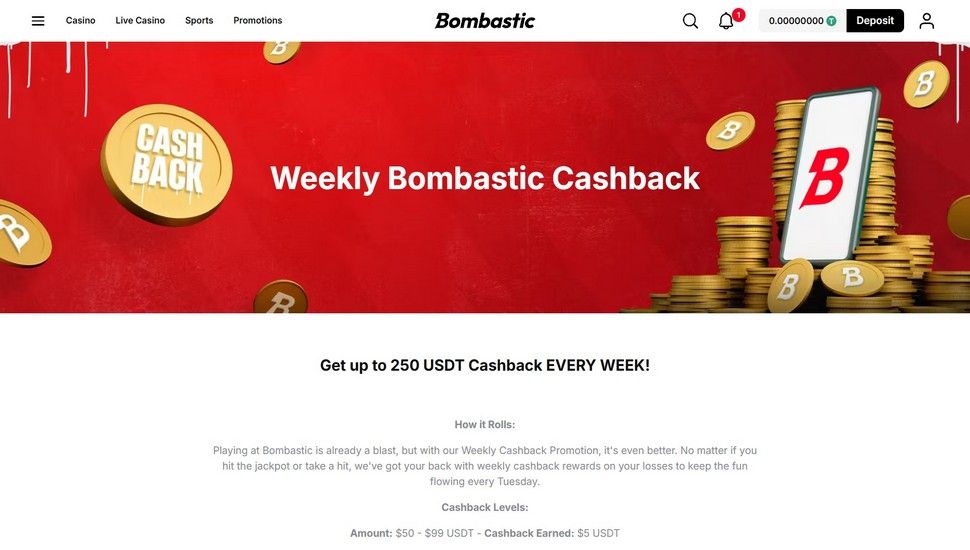 Bombastic casino cahback bonus