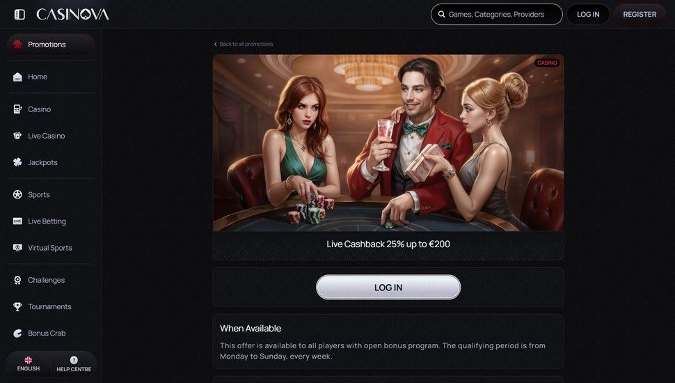 Casinova live cashback bonus