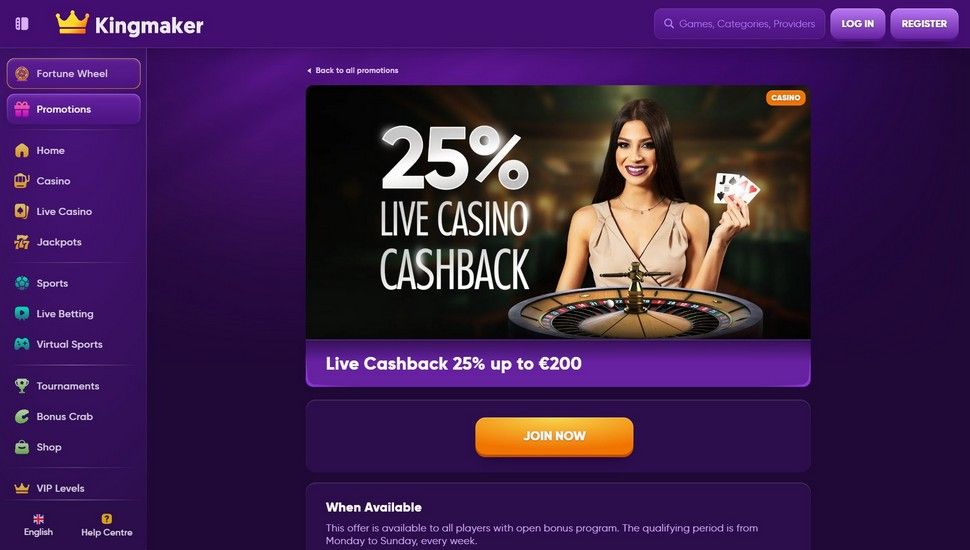 Kingmaker live cashback bonus