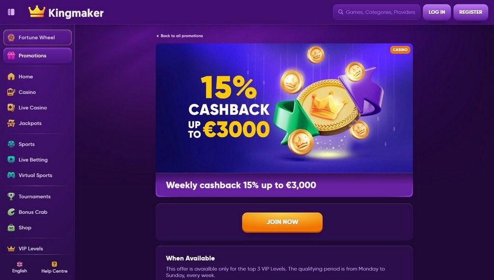 Kingmaker weekly cashback bonus