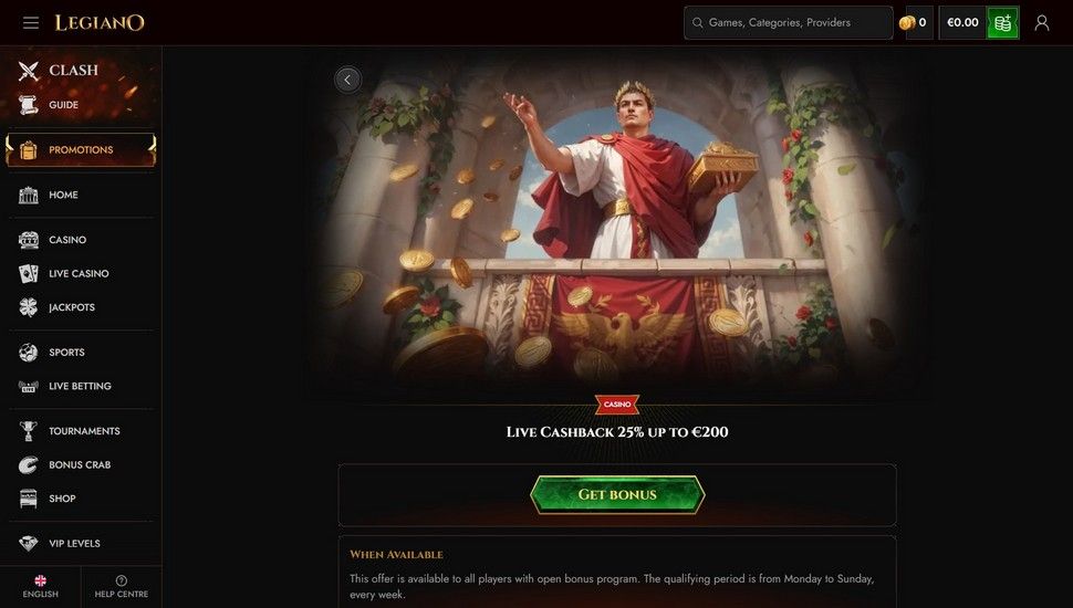 Legiano casino live cashback