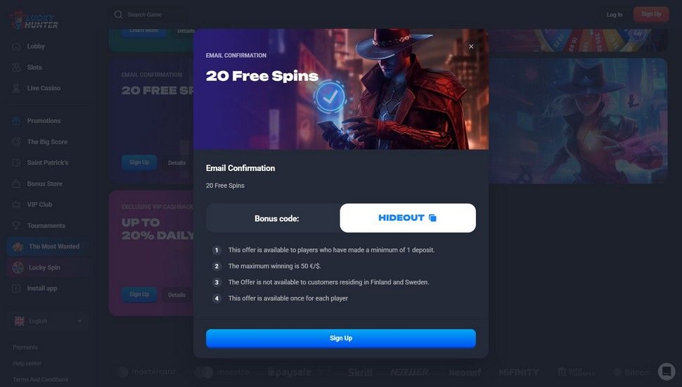 Lucky Hunter email confirmation bonus