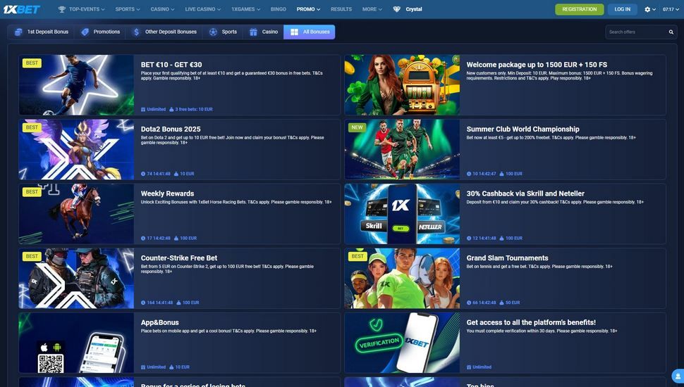 1xBet casino bonus page