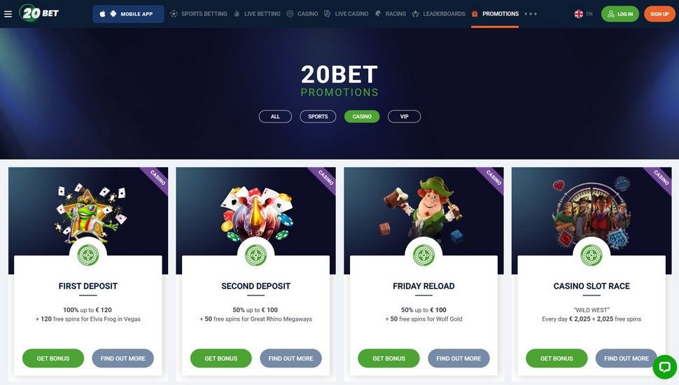 20Bet casino bonus page
