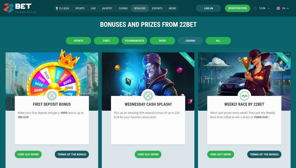 22Bet casino bonus page