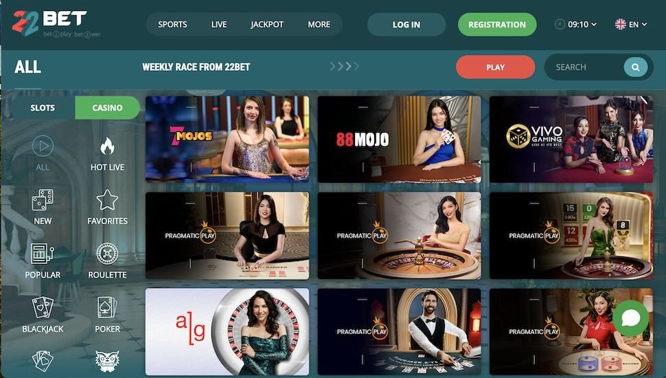 22Bet casino main page