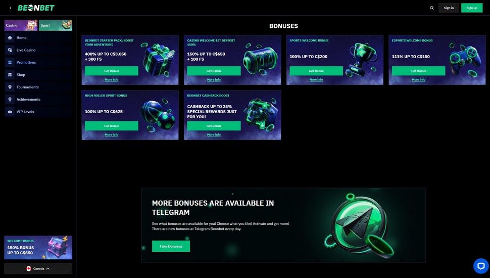 Beonbet casino bonus page