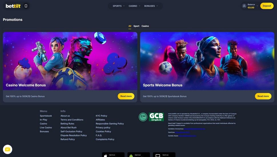 BetTilt casino bonus page