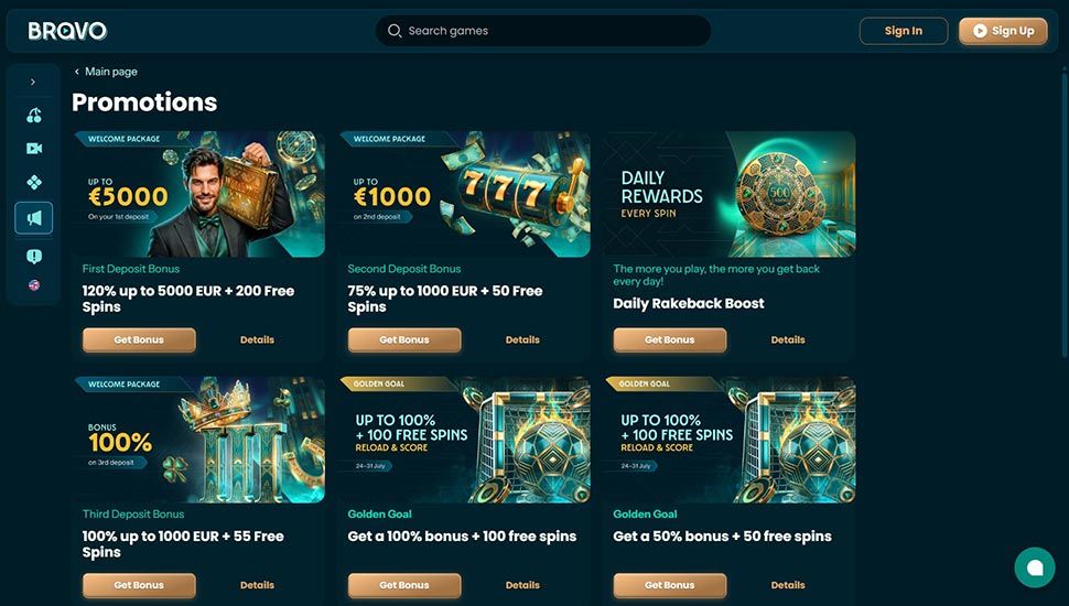 Bravoplay casino bonus page