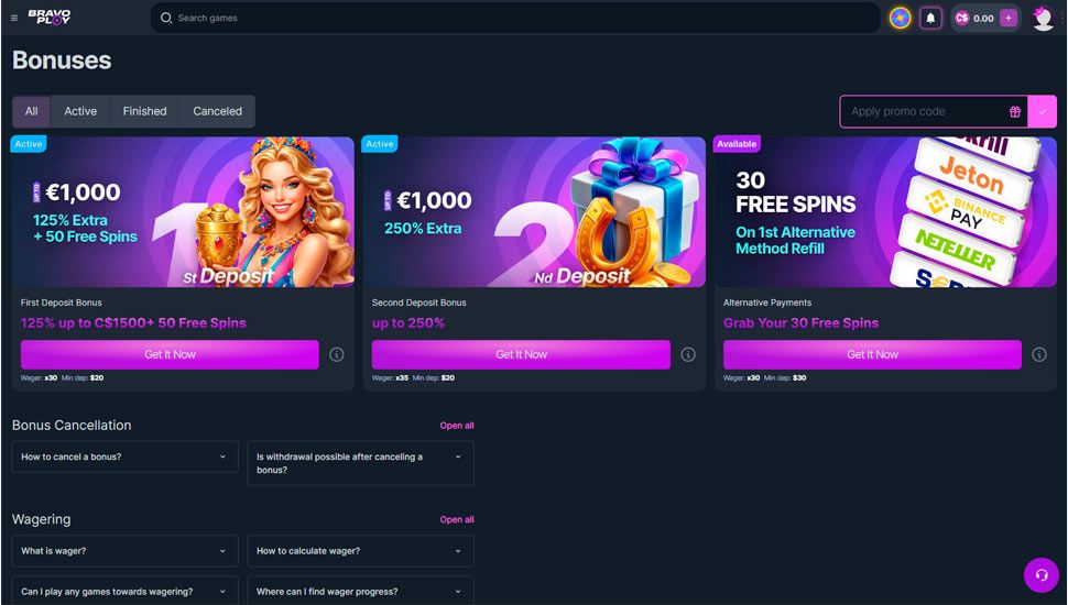 Bravoplay casino bonus page