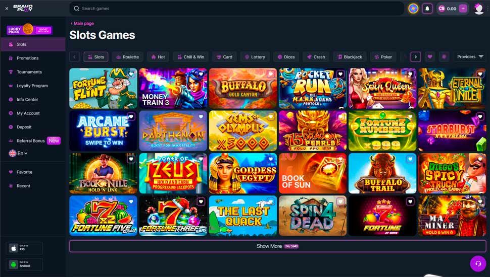 Bravoplay casino slots page