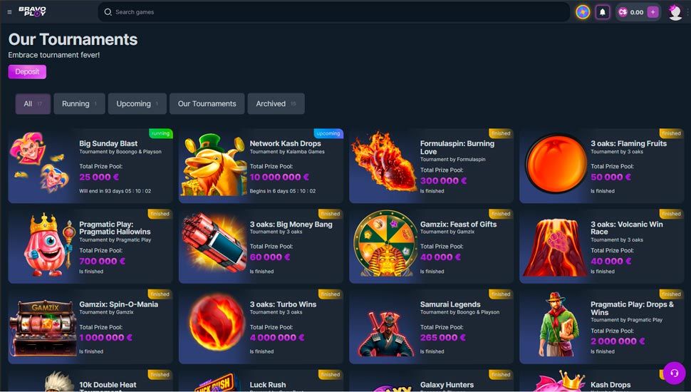 Bravoplay casino tournaments page