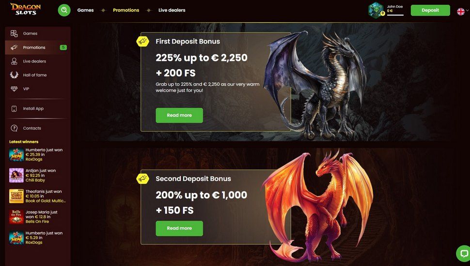 DragonSlots casino bonus page