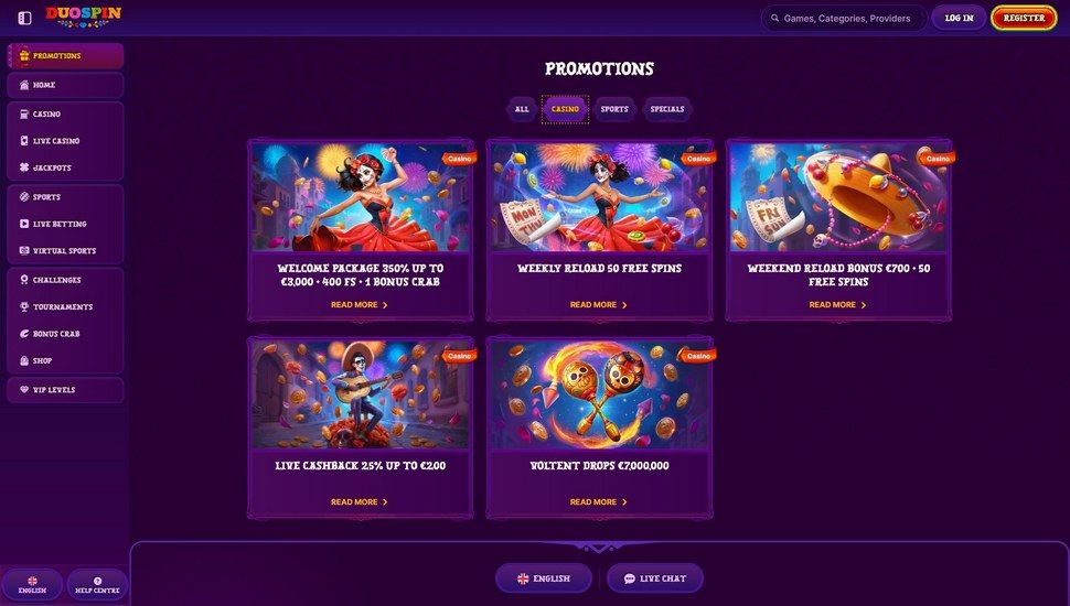 Duospin casino bonus page