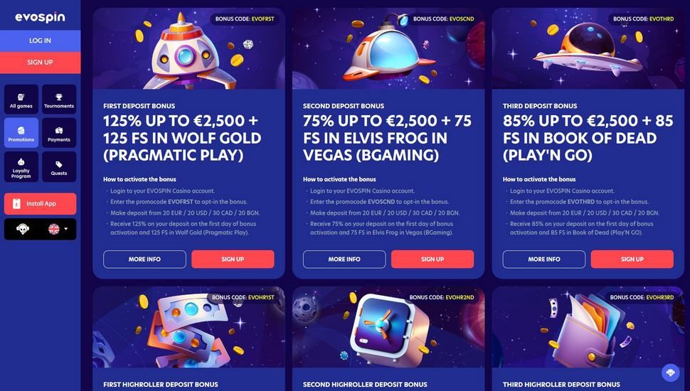 Evospin casino bonus page