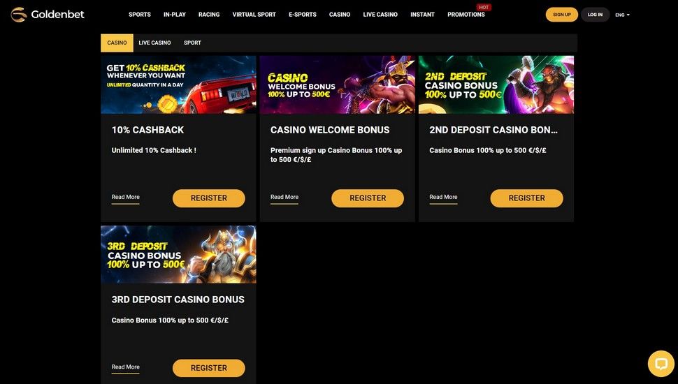 Goldenbet casino bonus page