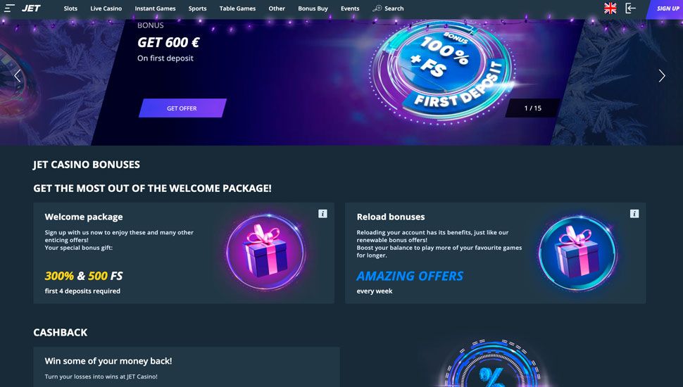 Jet Casino bonus page