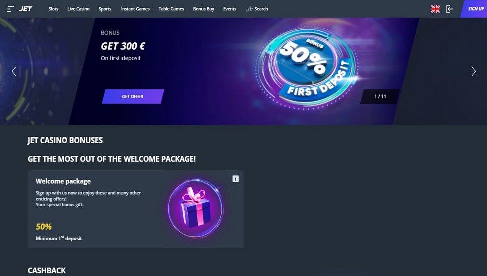 Jet Casino bonus page