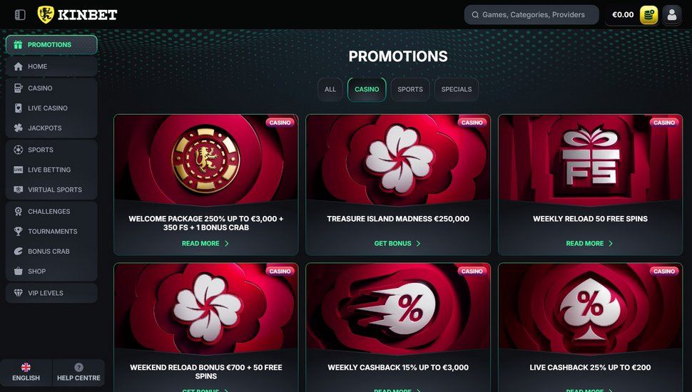 Kinbet casino bonus page