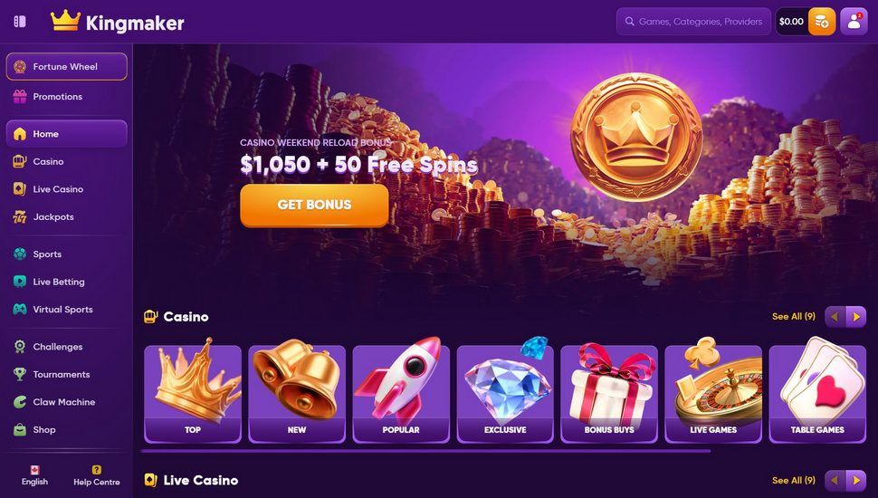 Kingmaker casino main page