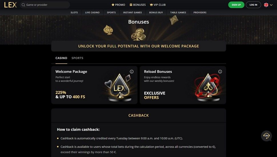 Lex Casino bonus page
