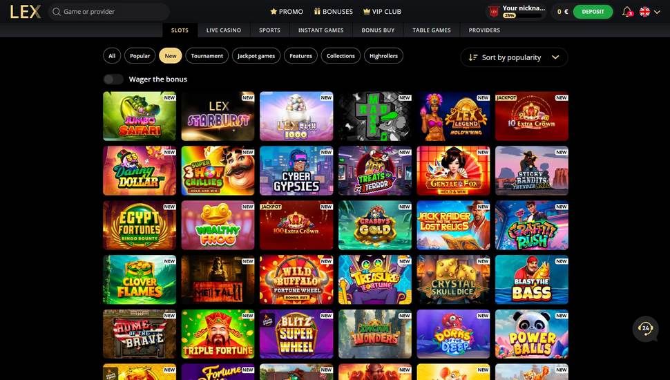 Lex Casino slots page