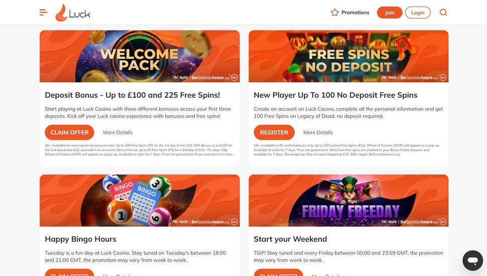 Luck casino bonus page