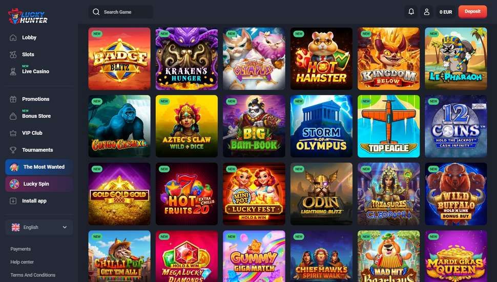 Lucky Hunter casino slots page