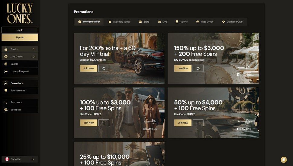 Lucky Ones casino bonus page