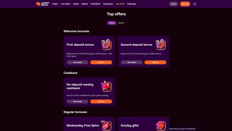 LuckyHills casino bonus page