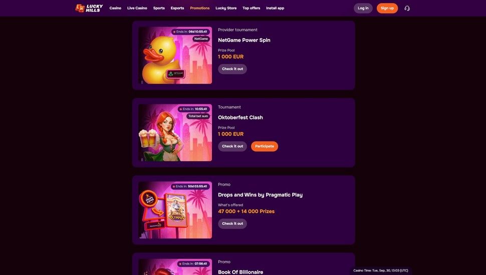 LuckyHills casino tournaments page