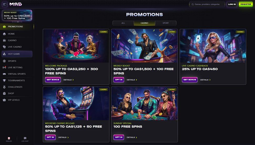 Madcasino bonus page