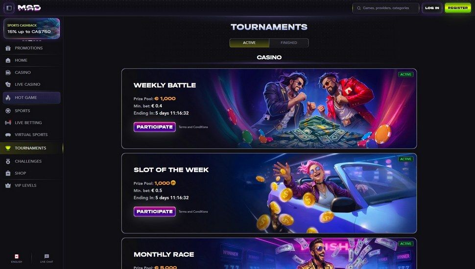 Madcasino tournaments page