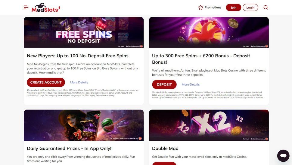 Madslots casino bonus page