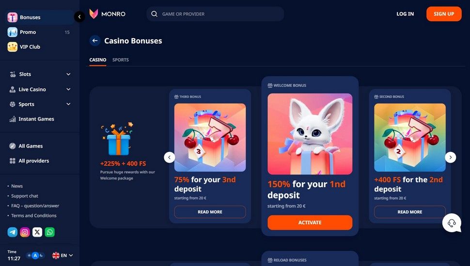 Monro casino bonus page