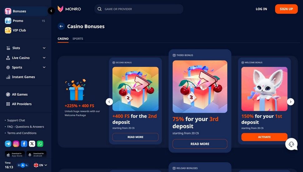 Monro casino bonus page