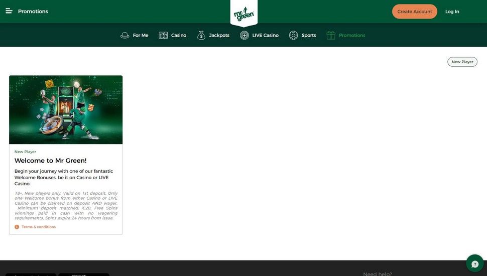 Mr Green Casino bonus page