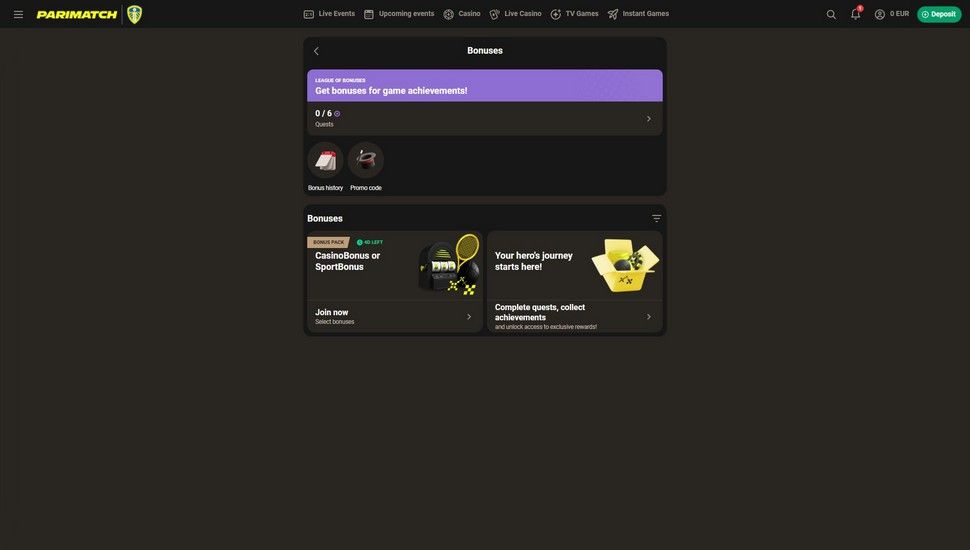 Parimatch casino bonus page