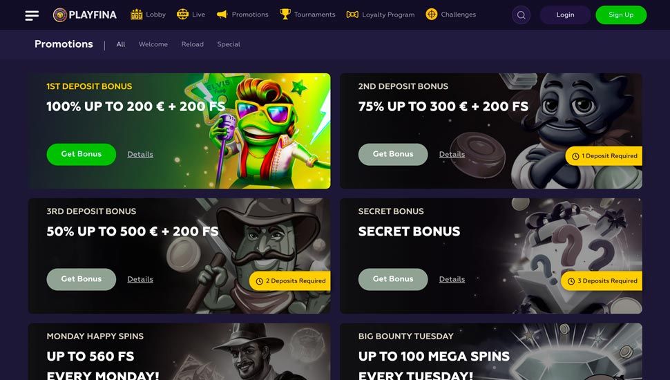 Playfina casino bonus page