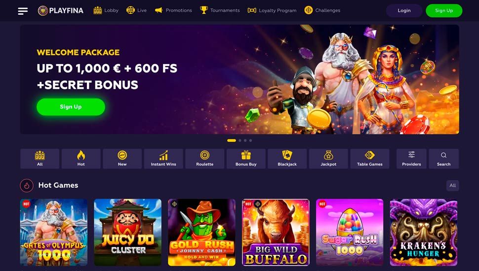 Playfina casino main page