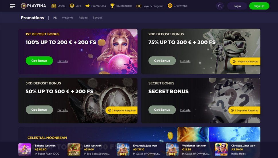 Playfina casino bonus page