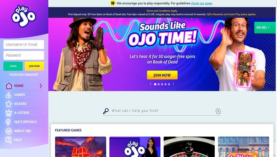 PlayOJO Casino main page