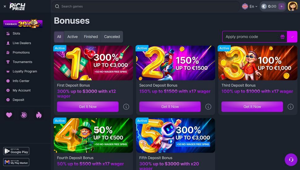 Richprize casino bonus page
