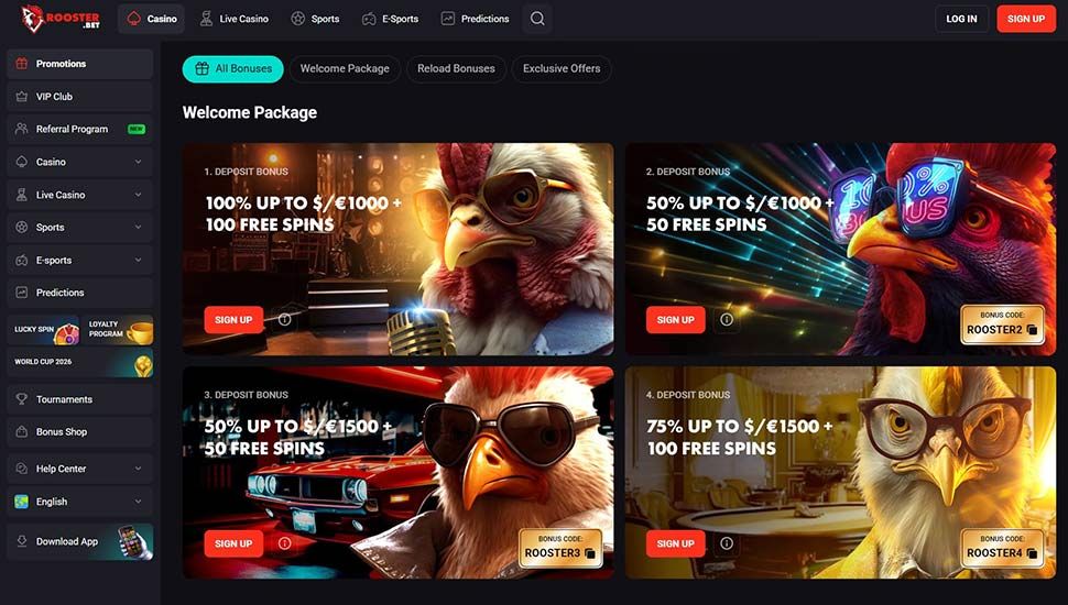 Rooster.bet Casino - list of bonuses
