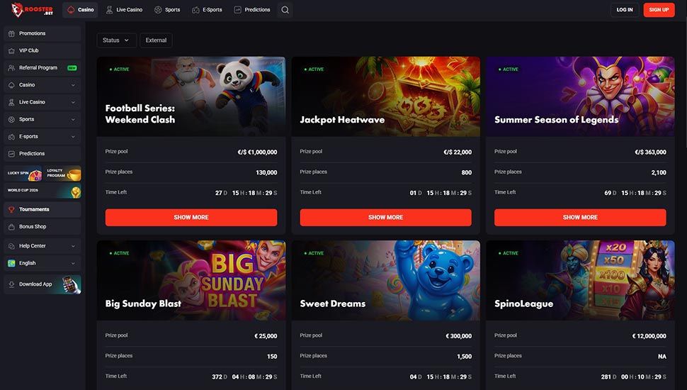 Rooster.bet Casino - list of tournaments