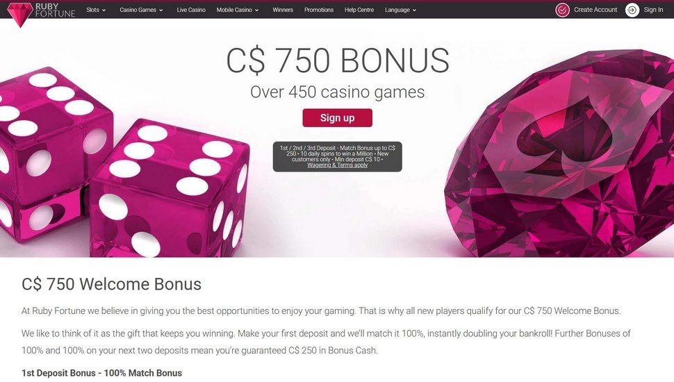 Ruby Fortune casino bonus page
