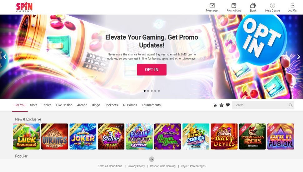 Spin Casino main page