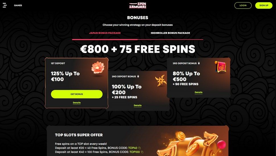 Spin Samurai casino bonus page