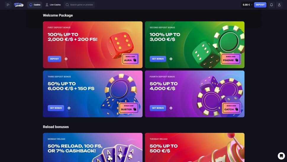 SpinAura casino bonus page