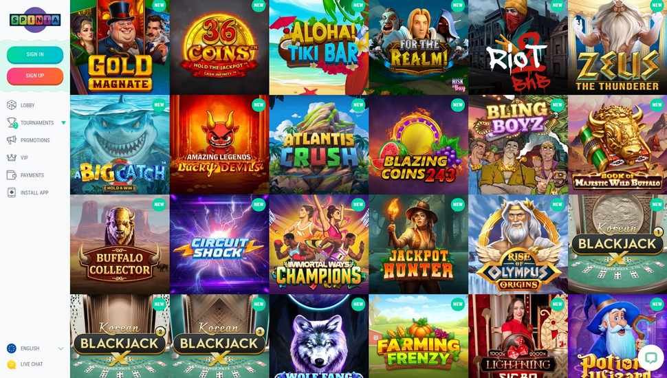 Spinia casino slots page